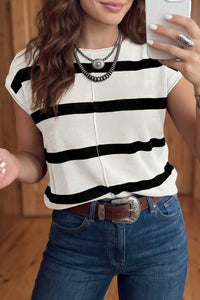Trendy Women's White Striped Knit Western Short Sleeve Sweater - Comfortable Casual Chic Top for Effortless Style