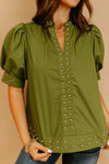 Chic Women's Fern Green V-Neck Blouse with Short Puff Sleeves and Rivet Details for Trendy Style
