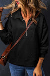 Chic Women's Black Textured Half-Zip Sweatshirt with Collared Neckline for Effortless Casual Style and Cozy Comfort