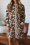 Women's Casual Khaki Leopard Print Long Sleeve Shift Dress with Pockets – Stylish and Comfortable Everyday Wear