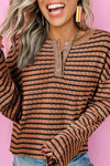 Chic Women's Brown Striped Henley Top with Frilly Trim & Long Sleeves - Perfect for Casual Outings