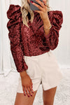 Burgundy Sequin Bubble Sleeve Blouse for Women - Chic Mock Neck Top Ideal for Parties and Night Out Events
