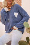Women's Cozy Ashleigh Blue Heart Print Sweater with Contrast Cuffs - Casual Chic Baggy Fit for Everyday Style