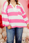 Plus Size Women's Relaxed Fit Pink Stripe Drop Shoulder Top with Solid Collar and Trendy Patchwork Design