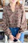 Stylish Women's Coffee Brown Long Sleeve Blouse with Embroidery and Notched Neck - Comfortable Everyday Essential