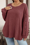 Plus Size Women's Vibrant Wild Ginger Ribbed Long Sleeve Top with Buttons - Casual Loose Fit for Effortless Style