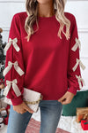 Chic Women's Fiery Red Crewneck Sweatshirt with Bow Detail and Dropped Sleeves for Effortless Casual Style