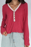 Women's Pitaya Pink Ribbed Knit V-Neck Pullover Top with Lace Trim - Effortless Long Sleeve Style for Trendy Outfits