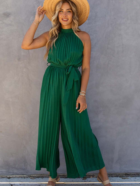 Solid Chic Sleeveless Slanted Shoulder Tie Waist Wide Leg Jumpsuit