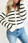 Cozy Women's White Striped Ribbed Knit Cardigan - Zip-Up Sweater with Chic Drop Shoulder for Effortless Style