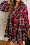 Trendy Women's Red Plaid Mini Dress with Frilly Collar & Long Sleeves - Perfect for Casual Outings and Everyday Wear