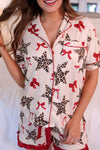 Women's Stylish White Leopard Star Print Pajama Set with Bow Detail - Comfortable Short Sleepwear for Cozy Nights