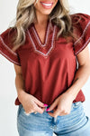 Stylish Women's Lightweight Clay V-Neck Blouse with Flutter Sleeves and Contrast Trim - Ideal for Any Occasion