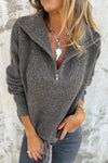Cozy Women's Dark Grey Half-Zip Sweater with Drawstring Hem - Casual Style for Effortless Everyday Comfort
