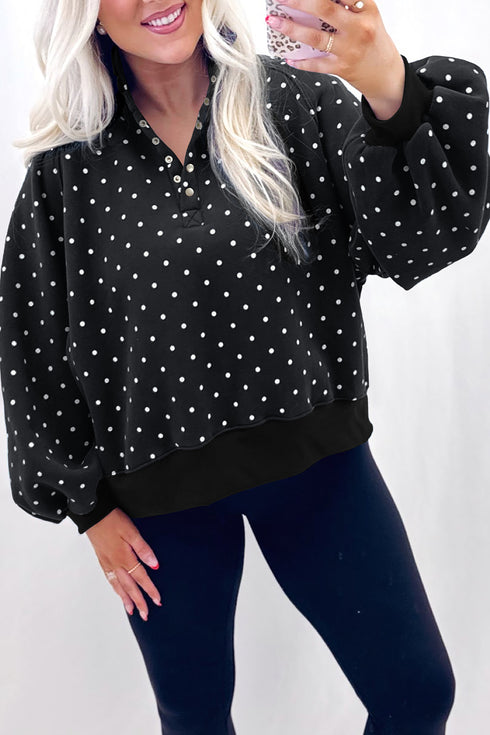 Chic Women's Black Polka Dot Pullover Sweatshirt with Button Collar - Casual, Comfy Style for Everyday Wear