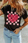 Women's Relaxed Fit Black Checkered LOVE Graphic Tee - Trendy Valentine's Day Top for Casual Style