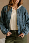Stylish Women's Real Teal Denim Jacket with Pleated Seams, Round Neck, and Zip-Up Closure for a Chic Look