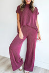 Burgundy High Neck Loose Tee & Elastic High Waist Pants Set for Women - Trendy Twisted Ribbed Lounge Wear Outfit