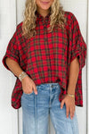 Women's Fiery Red Retro Plaid Half Sleeve Shirt - Relaxed Fit for Effortless Casual Chic Fashion