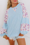 Stylish Women's Beau Blue Floral Patchwork Balloon Sleeve Blouse - Chic Textured Top for Effortless Casual Looks