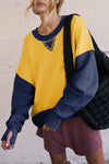 Women's Yellow Color Block Sweatshirt with Thumbhole Sleeves and Drop Shoulder for a Stylish, Comfortable Fit