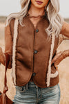 Chic Women's Coffee Faux Suede Button-Up Vest with Plush Trim – Cozy Layering Essential for Stylish Fall Outfits