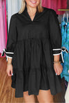 Chic Plus Size Women's Black V-Neck Mini Dress with Contrast Trim and Knot Cuffs for Effortless Style