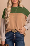 Stylish Women's Green Color Block Ribbed Long Sleeve Top - Relaxed Fit for Comfortable Everyday Casual Wear