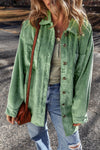 Women's Mist Green Corduroy Shacket with Pockets - Trendy Button-Up Jacket for Effortless Casual Style