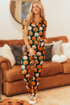 Women's Comfy Orange Halloween Print Short Sleeve Pajama Set - Stylish Sleepwear for Festive Nights and Cozy Relaxation