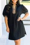 Trendy Women's Black Leopard Print Mini Dress with Zip Collar & Short Puff Sleeves for Effortless Summer Style