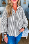 Stylish Women's Black Striped Tie Blouse with Contrast Trim & Long Puff Sleeves for Effortless Everyday Elegance