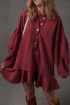 Burgundy Ruffle Hem Long Sleeve Tunic Dress for Women – Stylish Patchwork Design, Comfortable Loose Fit