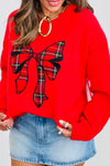 Women's Festive Fiery Red Plaid Bow Sweater - Loose Fit, Cozy Holiday Style for Gatherings and Casual Outings