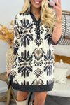 Women's Black Floral Print Mini Dress with Color Block Trim, 3/4 Sleeves - Ideal for Casual Outings or Vacation Getaways