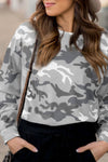 Trendy Women's Gray Camouflage Drop Shoulder Long Sleeve Top - Casual Textured Style for Effortless Everyday Wear