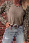Women's Stylish Dark Khaki V-Neck Long Sleeve Top with Contrast Trim & Trendy Patchwork - Relaxed Fit Fashion Blouse