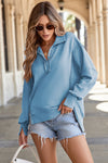 Light Blue High-Low Baggy Sweatshirt for Women with Buttoned Collar and Trendy Slit Details