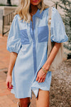 Women's Sky Blue Striped Color Block Mini Dress with Puff Sleeves and Button-Down Shirt Collar – Chic Summer Style