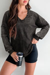 Women's Stylish Carbon Grey Mineral Wash Pullover Top with Exposed Seams & Buttoned V-Neck – Comfortable Casual Fit