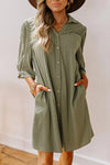 Women's Stylish Solid Color 3/4 Sleeve Mini Shirt Dress with Braided Detail and Four Leaf Clover Design