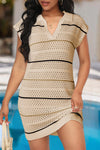 Women's Apricot Eyelet Crochet Polo Dress with Striped Detail - Trendy Summer Casual Fit for Effortless Style