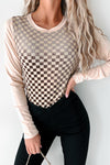 Chic Women's Checkerboard Velvet Bodysuit - Long Sleeve, O-Neck, Trendy Fit for Stylish Casual Outfits in Soft Parchment