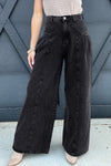 Chic Women's Dark Grey Pleated Wide Leg Denim Pants with Mineral Wash - Stylish & Comfortable for Everyday Fashion