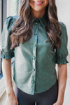 Chic Women's Evergreen Faux Suede Button-Down Shirt with Frill Sleeves - Stylish Solid Top for Casual Everyday Style