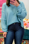 Plus Size Women's Light Blue Textured Knit Top with Drop Shoulders - Chic, Comfortable Casual Style for Everyday Wear