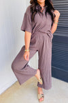 Effortlessly Chic Women's Old Rose Textured Short Sleeve Top with Loose Raw Hem Pants Set for Stylish Comfort