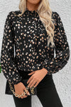 Elegant Black Leopard Print Pleated Blouse for Women with Lantern Sleeves and Stylish Mock Neck Design