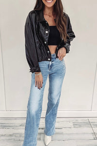 Black Faux Leather Snap Button Collared Patched Pocket Jacket