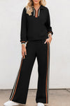 Stylish Women's Black Striped Quarter Zip Pullover & Relaxed Fit Pants Set for Effortless Everyday Chic